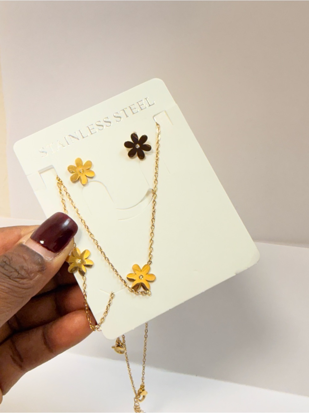 Gold Flower Stainless Steel Necklace and Earring Set